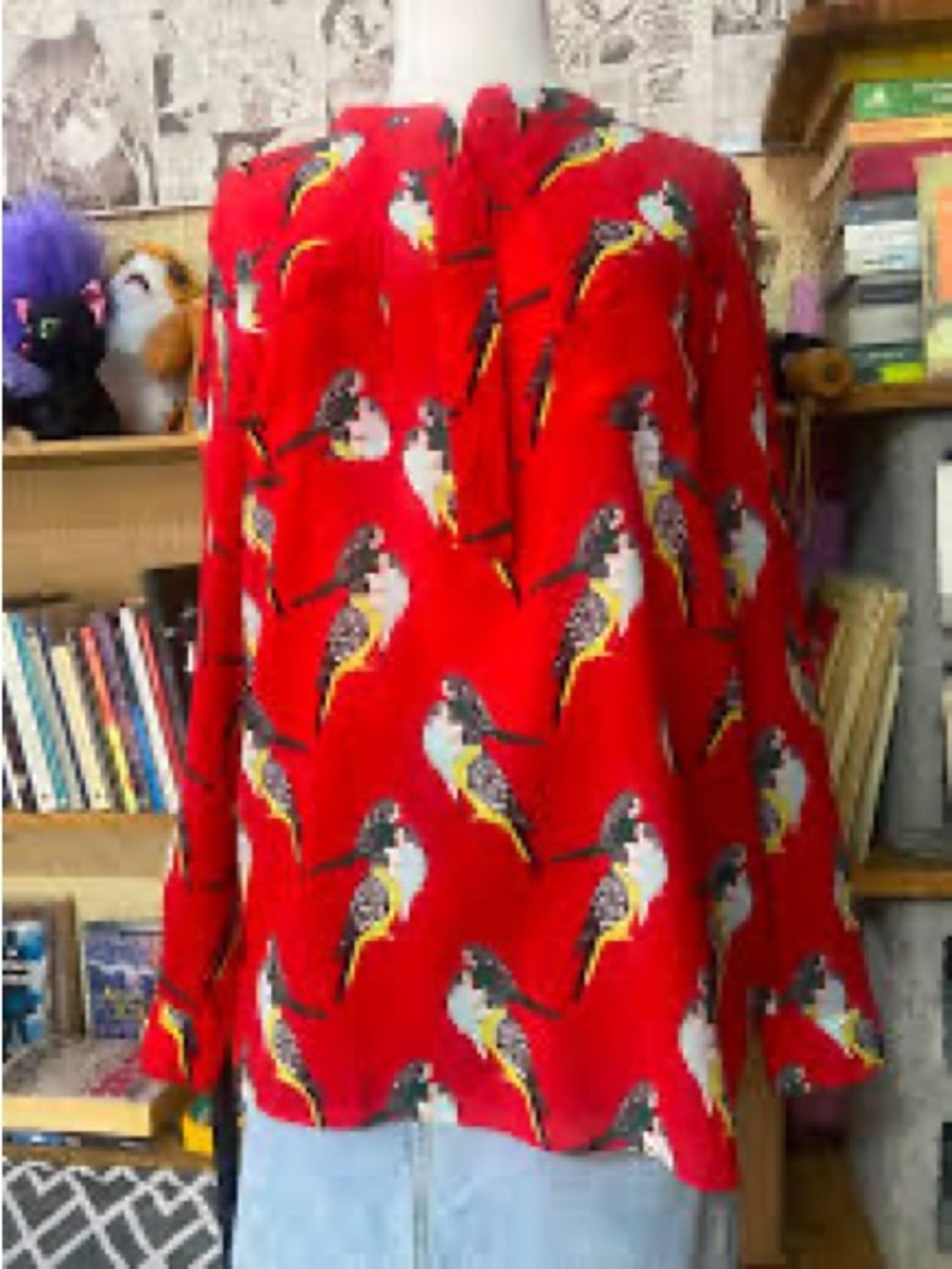 Banana Republic Red Blue yellow parakeet Bird-Print Blouse
